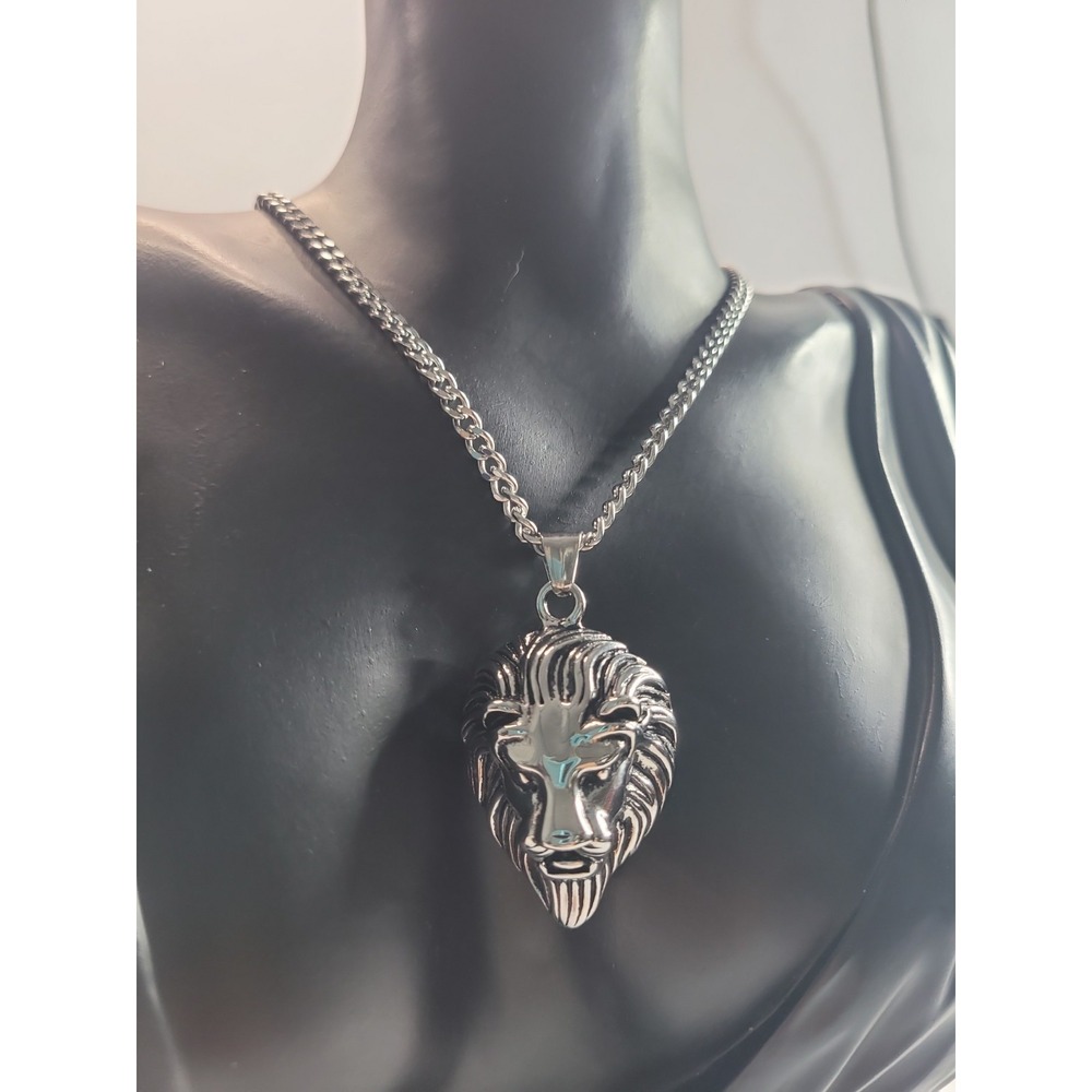 Men's Silver Tone Lion Head Pendant‎ Necklace Curb Chain Statement Jewelry
